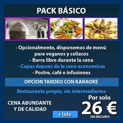 Cartel del Pack Básico para despedidas en Valencia: cena con barra libre por 26 € con IVA incluido